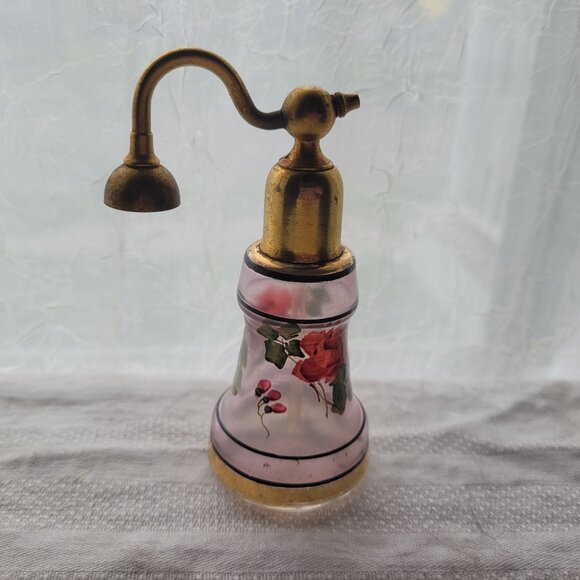 Vintage Glass Perfume Atomizer With Brass Nozzle & Floral Design - Picture 1 of 6